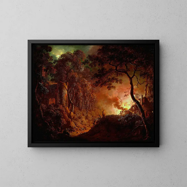 Cottage en fuego - Joseph Wright de Derby — cuadro enmarcado en la pared