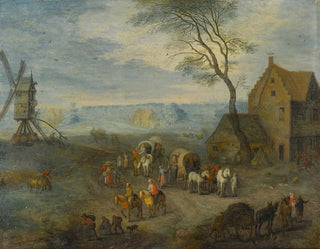 Joseph van Bredael - A village scene with travellers by a windmill.webp