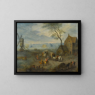 Joseph van Bredael - A village scene with travellers by a windmill.webp