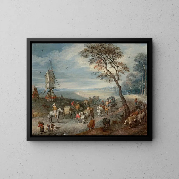 La partida hacia el mercado cerca de un molino - Joseph van Bredael — cuadro enmarcado en la pared