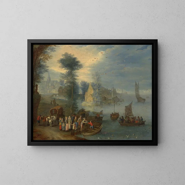 Paisaje fluvial con figuras - Joseph van Bredael — cuadro enmarcado en la pared