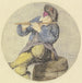 Músico de flauta sentado sobre un barril - Cornelis Dusart — presentado en un interior