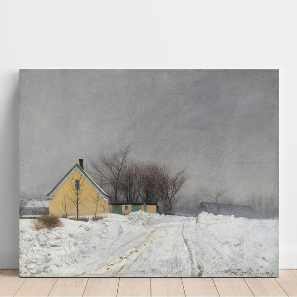 Reproduction of the painting Winter Day with Misty Weather, On the Left, a Yellow House, Thick Snow - Laurits Andersen Ring
