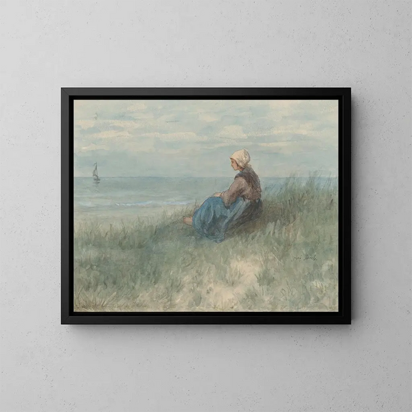 Una mujer sentada en una duna mirando al mar - Jozef Israëls — cuadro enmarcado en la pared