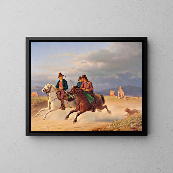 Three field mice on horseback - Jørgen Sonne — framed artwork on a wall