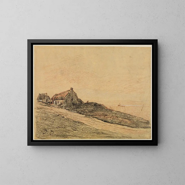Paisaje costero en Cayeux con dos cabañas - Jules Dupré — cuadro enmarcado en la pared
