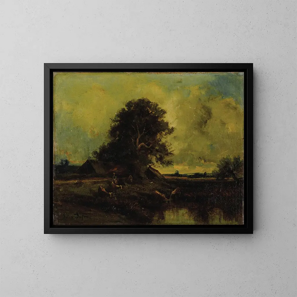 Paisaje fluvial con una cabaña - Jules Dupré — cuadro enmarcado en la pared