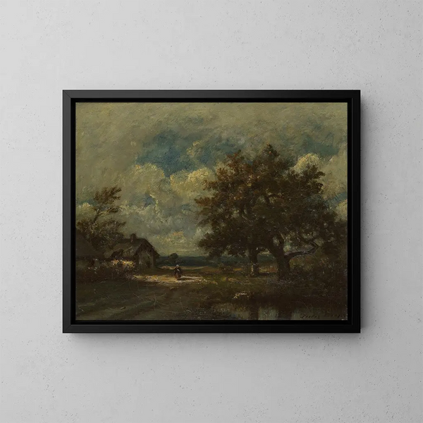 El cabaña junto a la carretera bajo un cielo tormentoso - Jules Dupré — cuadro enmarcado en la pared