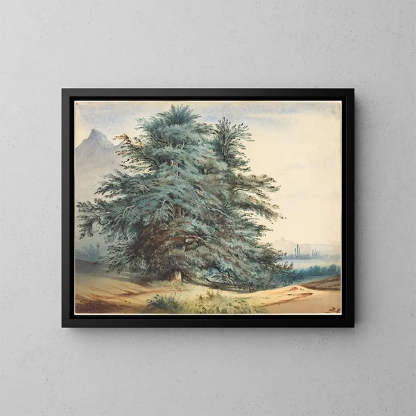 Dos árboles antiguos frente a una cima montañosa - Jules Dupré — cuadro enmarcado en la pared