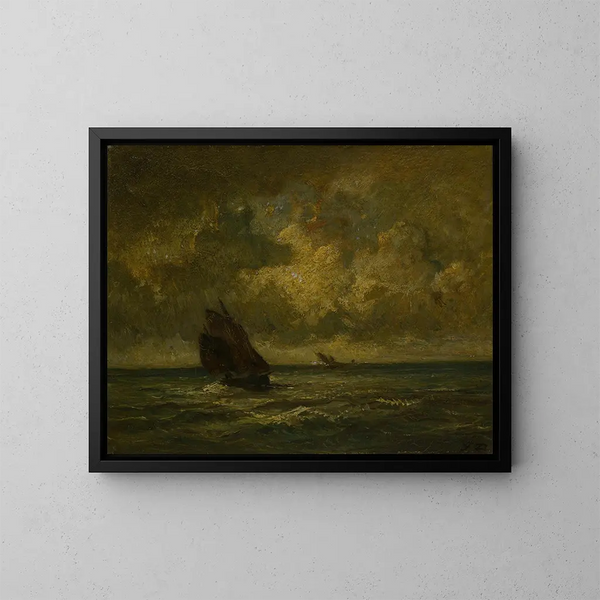 Dos barcos en una tormenta - Jules Dupré — cuadro enmarcado en la pared