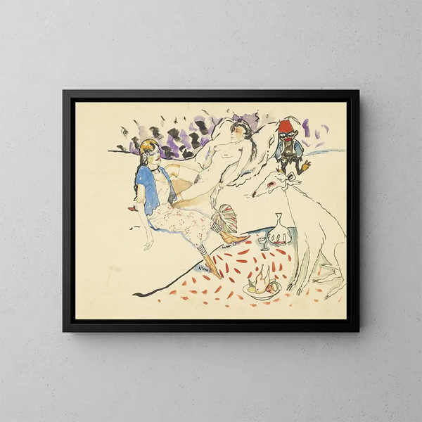 Woman with her dog and nude - Jules Pascin — framed artwork on a wall