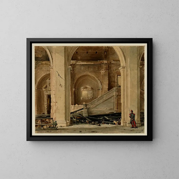 L'escalier del Palacio de Justicia después del incendio de 1871 - Jules Richomme — cuadro enmarcado en la pared