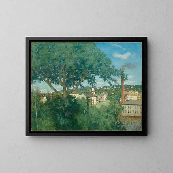 The Village of the Factory - Julian Alden Weir — framed artwork on a wall