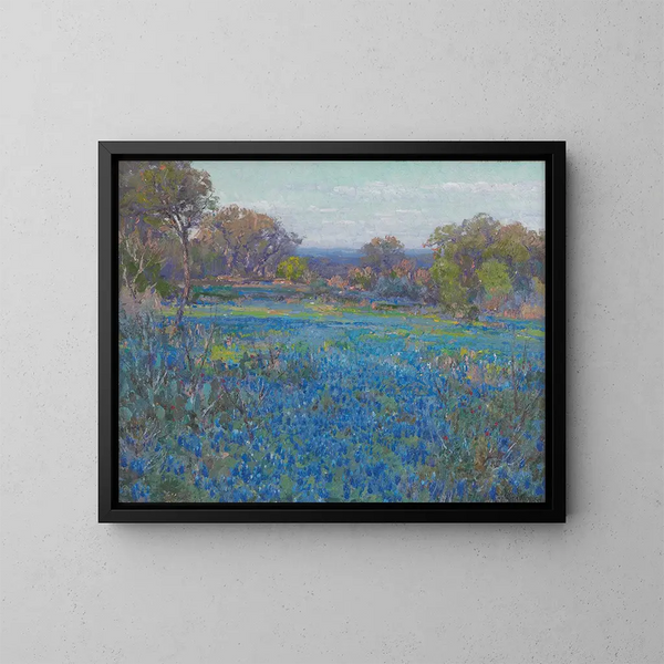 A field of bluebonnets under the afternoon sunlight - Julian Onderdonk — framed artwork on a wall