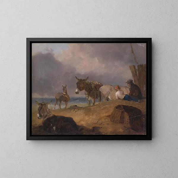 Donkeys and Characters on a Beach - Julius Caesar Ibbetson — framed artwork on a wall