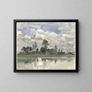 Julius Jacobus van de Sande Bakhuyzen - Bomen zich spiegelend in het water bij een bewolkte lucht.webp