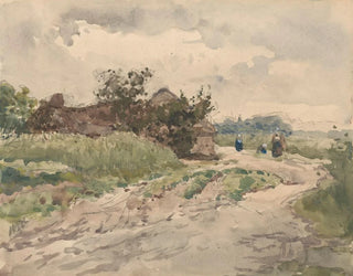 Julius Jacobus van de Sande Bakhuyzen - Landweg met enkele figuren leidend naar een boerderij.webp