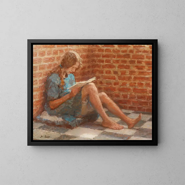 La joven sentada junto a una pared de ladrillos - Julius Paulsen — cuadro enmarcado en la pared