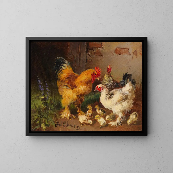 Gallos y gallinas frente a la establo en el prado - Julius Scheuerer — cuadro enmarcado en la pared
