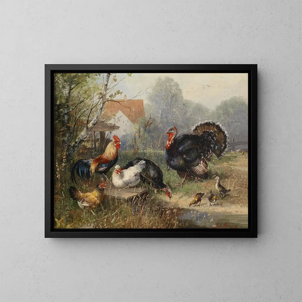 de aves de corral y un pavo - Julius Scheuerer — cuadro enmarcado en la pared