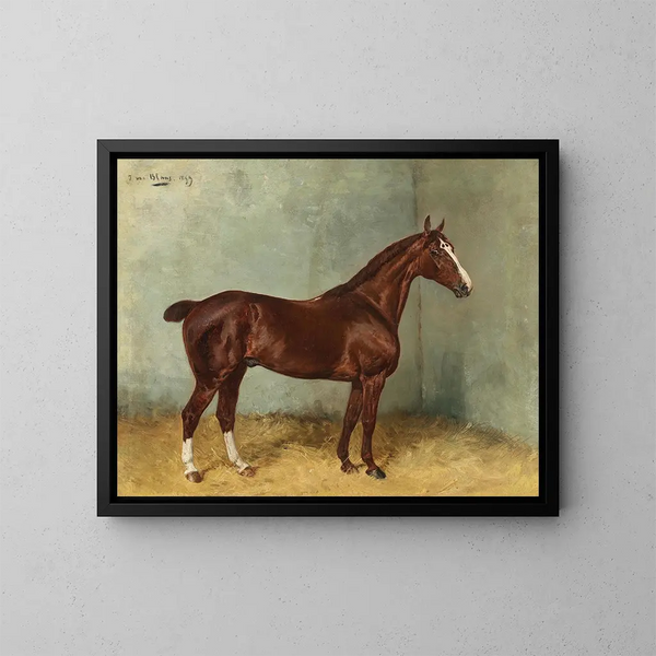 Un caballo castaño con una estrella blanca en un establo - Julius von Blaas — cuadro enmarcado en la pared