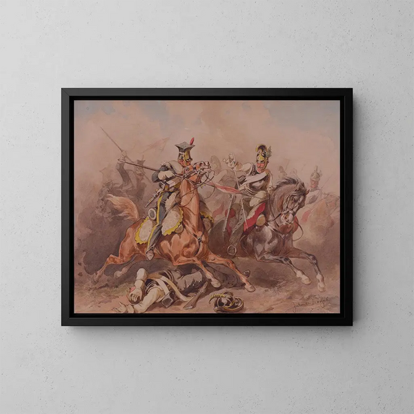 Escaramuza entre lanceros de la Legión de la Vístula y caballería cuirassier rusa - Juliusz Kossak — cuadro enmarcado en la pared