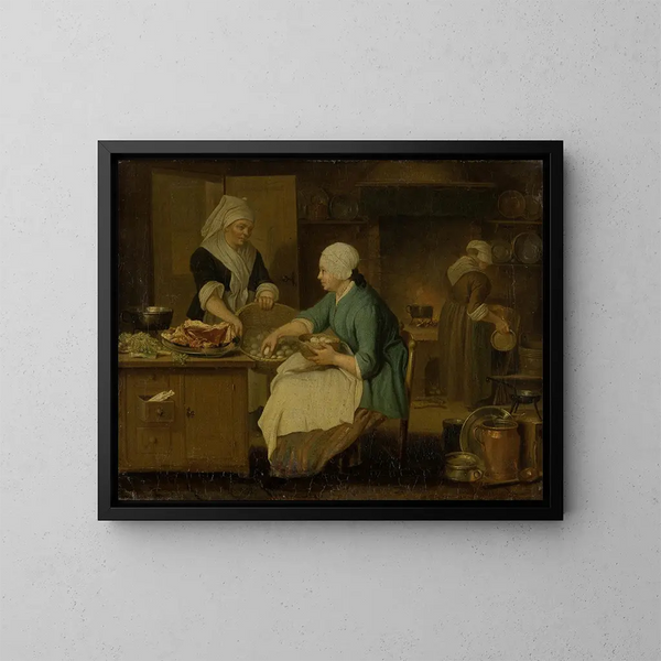 interior de cocina con tres mujeres - Justus Juncker — cuadro enmarcado en la pared
