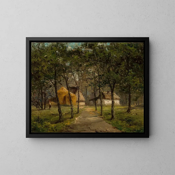 Paisaje con casas entre árboles - Józef Marszewski — cuadro enmarcado en la pared