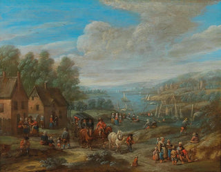 Karel Breydel - A river landscape with a village and travellers.webp