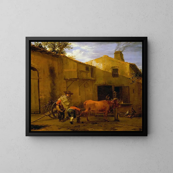 Un herrero calzando un buey - Karel Dujardin — cuadro enmarcado en la pared