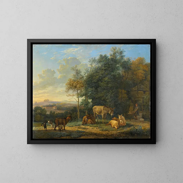 paisaje con dos burros, cabras y cerdos - Karel Dujardin — cuadro enmarcado en la pared