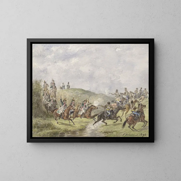 Dragones franceses y húsares austriacos - Karel Frederik Bombled — cuadro enmarcado en la pared