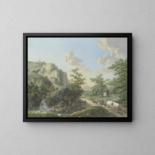 Karl Franz Kraul - Gebirgslandschaft ein Packwagen fhrt auf der Landstrae rechts.webp