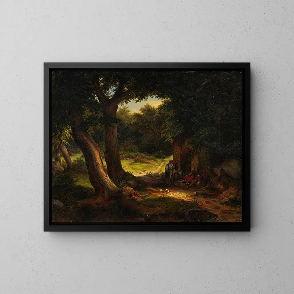 de roble con un cruce descansando cerca de un pozo - Karl Friedrich Lessing — cuadro enmarcado en la pared