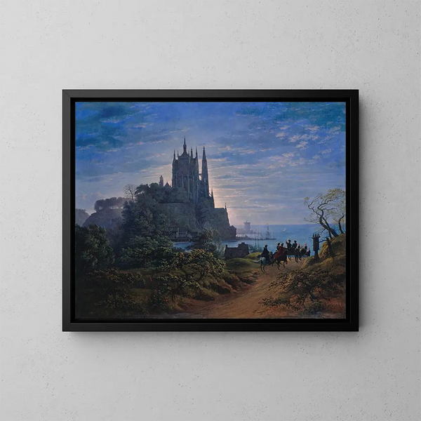la iglesia gótica en una roca junto al mar - Karl Friedrich Schinkel — cuadro enmarcado en la pared
