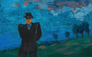 Karl Wiener - Ohne Titel Mann mit schwarzem Anzug und Hut in Landschaft.webp