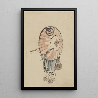 Katsushika Hokusai - A person walking to the left mostly obscured by an open parasol carried over the shoulder.webp
