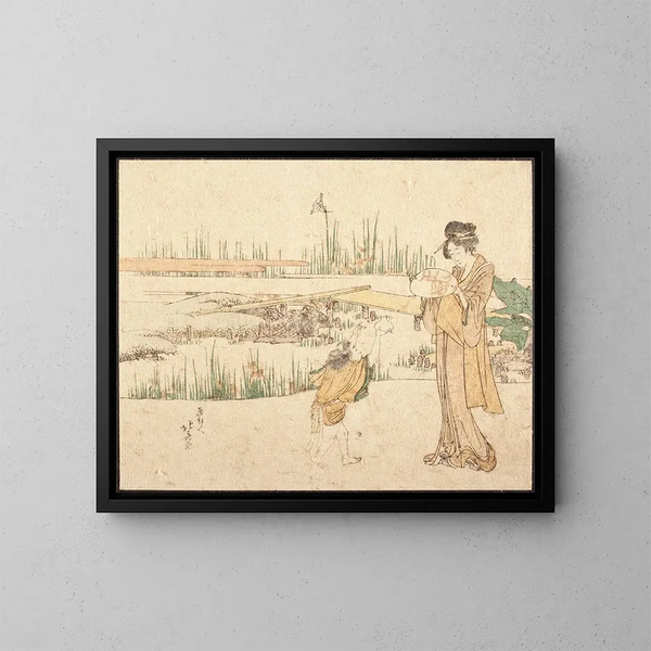 Woman and Child in a Garden, Fragment of the Goldfish Vendor - Katsushika Hokusai — framed artwork on a wall