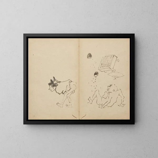 a Kawanabe Kyōsai painting titled "Un pet perturbe une partie de go" — framed artwork on a wall