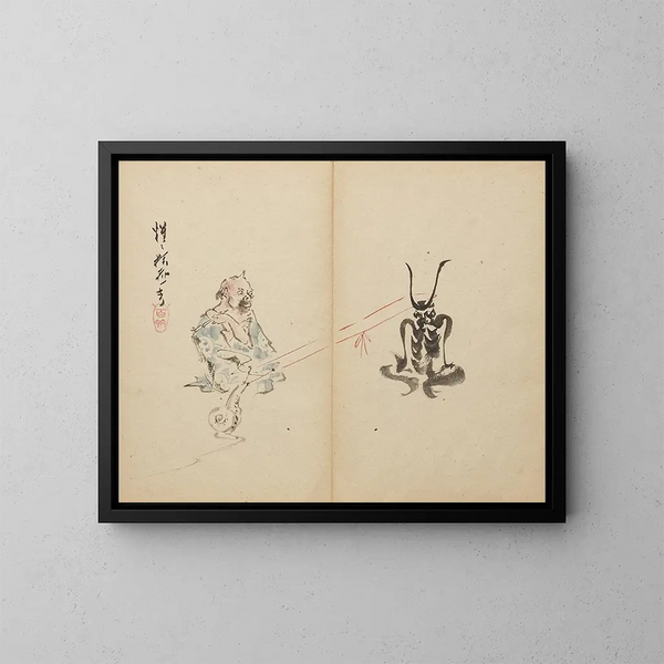 Snail against demon - Kawanabe Kyōsai — framed artwork on a wall