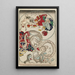 Two long-necked creatures approaching a noodle shop customer - Kawanabe Kyōsai — framed artwork on a wall