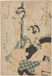 Geisha sentada sobre cojines, fumando una pipa, otra mujer mirando desde la puerta - Kikukawa Eizan — vista de la obra