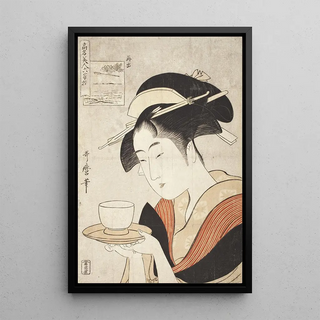 Reappearance of the Courtesan Naniwaya Okita - Kitagawa Utamaro — framed artwork on a wall