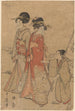 Two women walking near a stream led by a boy - Kitagawa Utamaro — artwork view