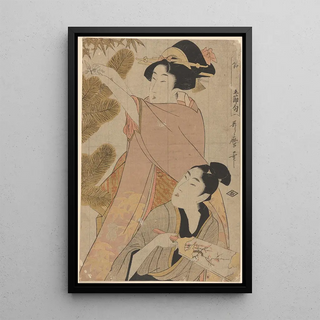 Femme et homme coupant des branches de pin du Nouvel An - Kitagawa Utamaro — framed artwork on a wall
