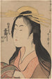 Mujer con tocado y manguito - Kitagawa Utamaro — cuadro enmarcado en la pared
