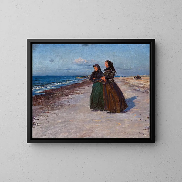 dos mujeres pescando en la playa durante una tormenta, Jutland del Norte - Knud Larsen Bergslien — cuadro enmarcado en la pared