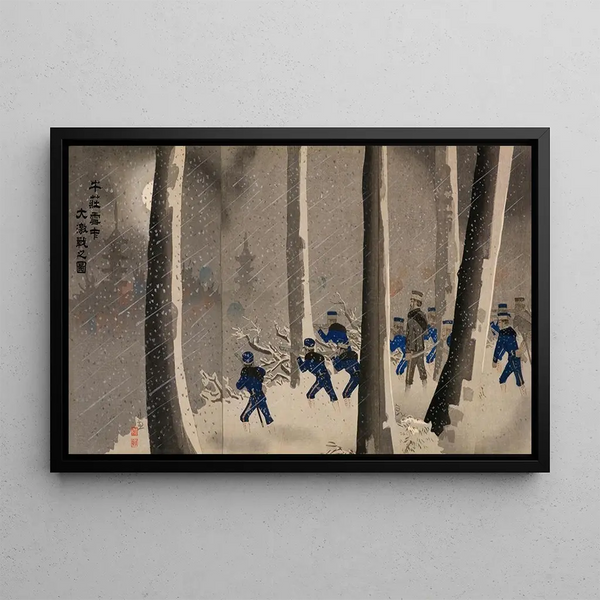Gran batalla feroz en la nieve cerca de Niuzhuang - Kobayashi Kiyochika — cuadro enmarcado en la pared