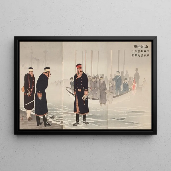 Lieutenant General Yamaji leading the second Japanese army during its landing on the Jinzhou Peninsula - Kobayashi Kiyochika — framed artwork on a wall