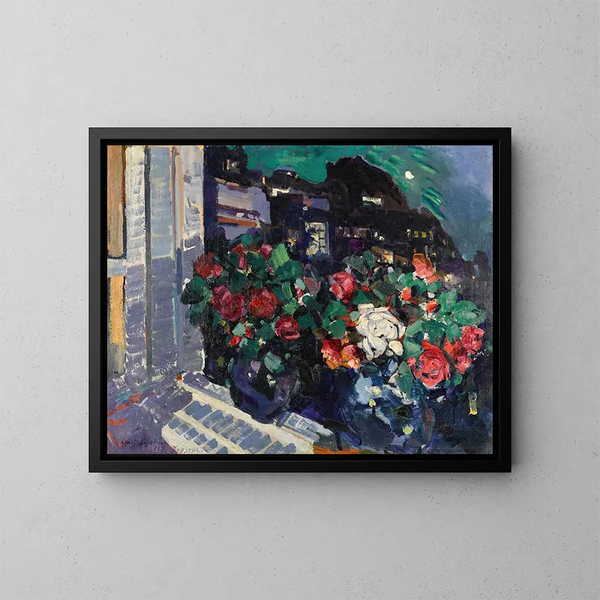 Roses sur un rebord de fenêtre à Gurzuf - Konstantin Alexeïevitch Korovine — cuadro enmarcado en la pared
